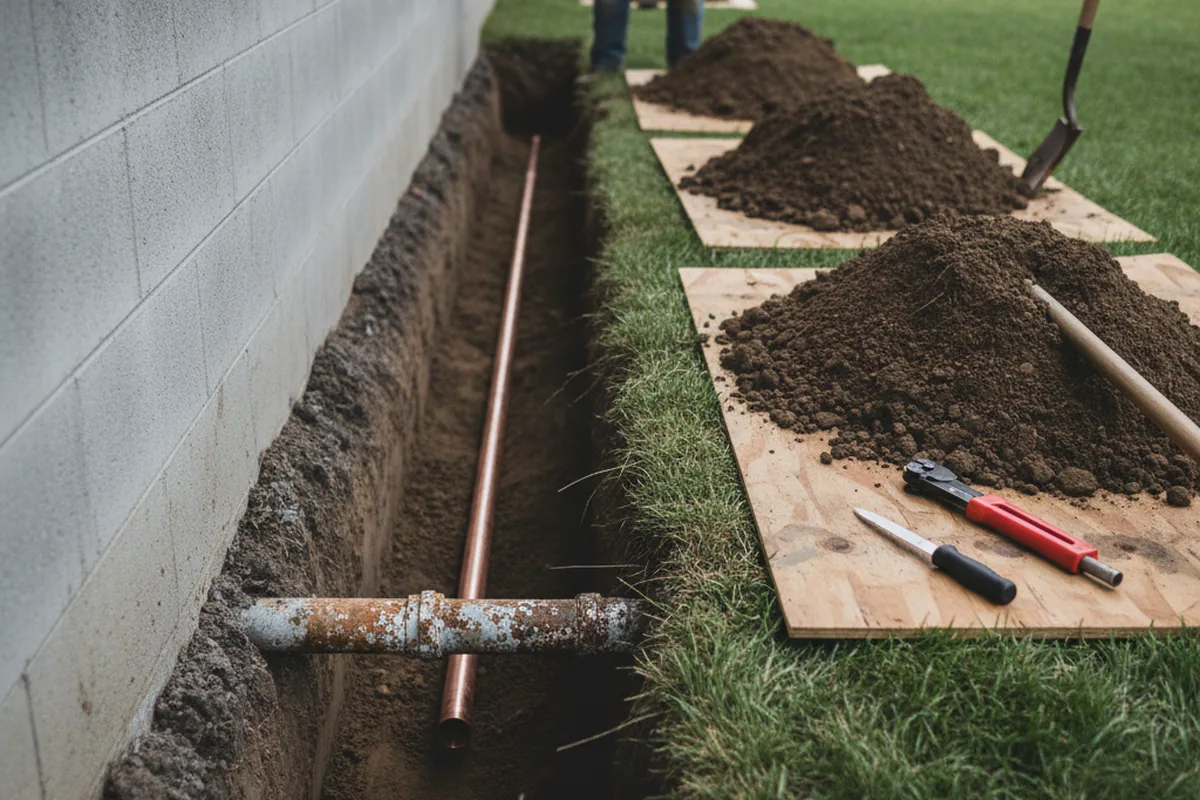 Excavated water line trench during Water Softener Installation in Indian Orchard